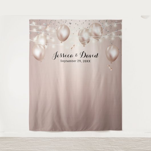 Moderne Rose Gold Balloons Streamers Hochzeit Wandteppich (Vorderseite)
