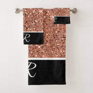 Moderne Rose Gold Black Glitzer Monogramm Badhandtuch Set