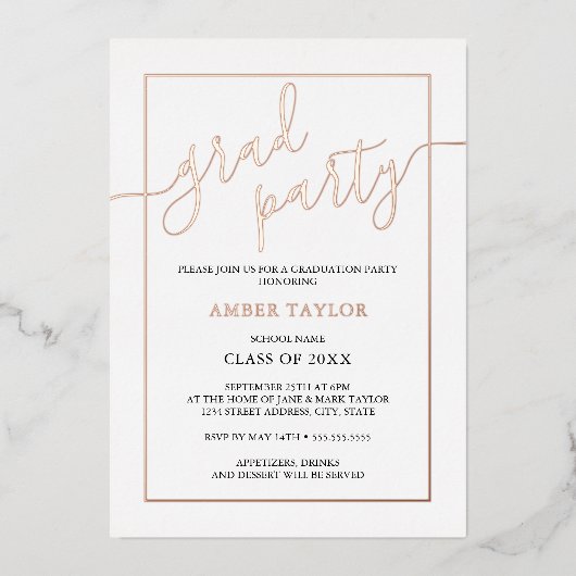 Moderne Rose Gold Black Graduation Party Folieneinladung (Vorderseite)