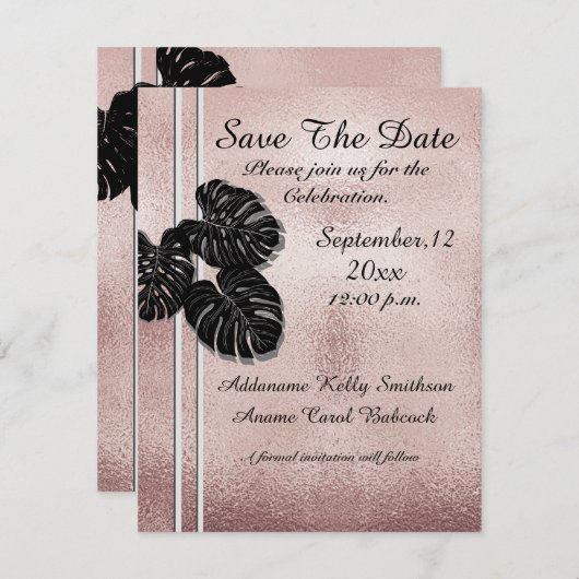 Moderne Rose Gold Black Graphic Blätter Elegant, Save The Date (Vorne/Hinten)