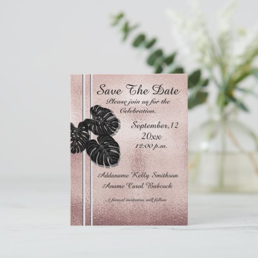 Moderne Rose Gold Black Graphic Blätter Elegant, Save The Date (Stehend Vorderseite)