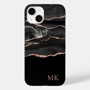 Moderne Rose Gold & Black Marble Achat Monogramm Case-Mate iPhone 14 Hülle