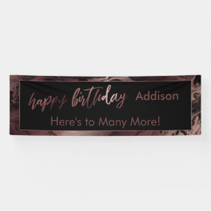 Moderne Rose Gold & Black Marbled Happy Birthday Banner