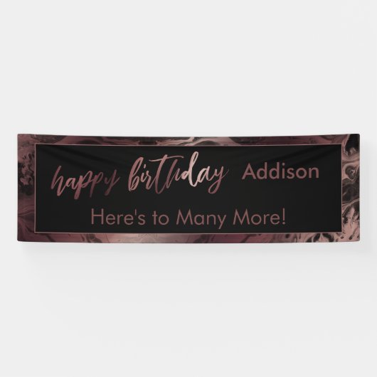 Moderne Rose Gold & Black Marbled Happy Birthday Banner (Horizontal)