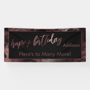 Moderne Rose Gold & Black Marbled Happy Birthday Banner