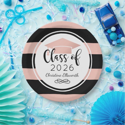 Moderne Rose Gold Black Stripes Custom Abschluss Pappteller (Party)