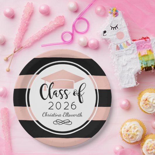 Moderne Rose Gold Black Stripes Custom Abschluss Pappteller (Party)