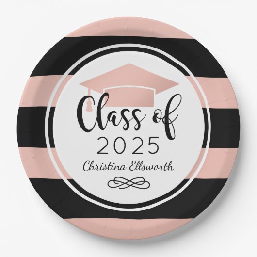 Moderne Rose Gold Black Stripes Custom Abschluss Pappteller (Vorderseite)