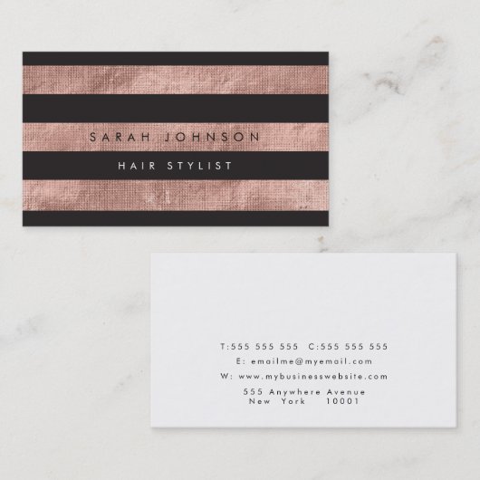 Moderne Rose Gold Black Strips Haarstylle Visitenkarte (Vorne/Hinten)