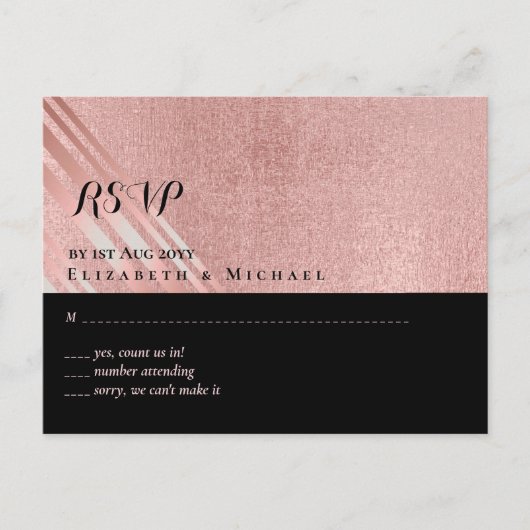 Moderne Rose Gold Black Wedding Postkarte (Vorderseite)