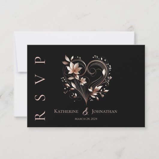Moderne Rose Gold-Blume mit einer Herzhochzeit RSVP Karte (Vorderseite)