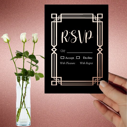 Moderne Rose Gold Border auf Black RSVP Card Folieneinladung