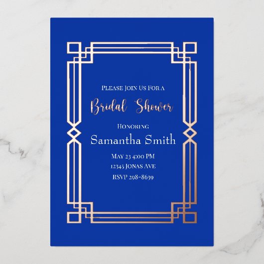 Moderne Rose Gold Border für Navy Blue Brautparty Folieneinladung (Vorderseite)