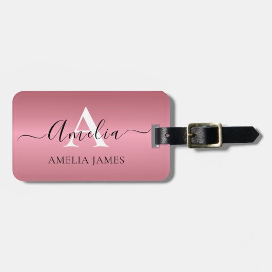 Moderne Rose Gold Brushed Metal Mit Monogramm Gepäckanhänger (Vorderseite horizontal)