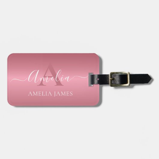 Moderne Rose Gold Brushed Metal Mit Monogramm Gepäckanhänger (Vorderseite horizontal)