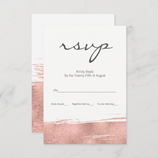 Moderne Rose Gold Brushstroke Wedding RSVP Card (Vorne/Hinten)
