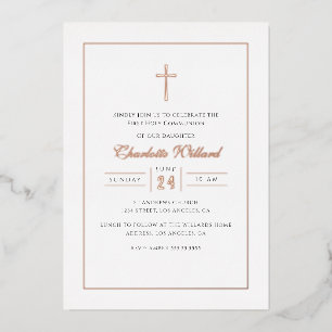 Moderne Rose Gold Cross Girls Erste Kommune Folieneinladung