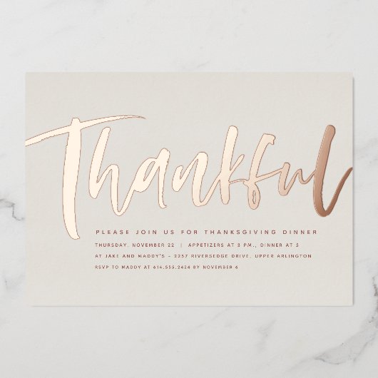 Moderne Rose Gold dankbar Erntedank Dinner Folieneinladung (Vorderseite)