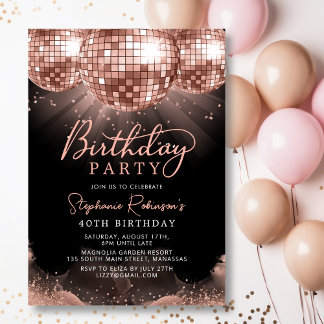Moderne Rose Gold Disco Ball 40. Geburtstag Party Einladung