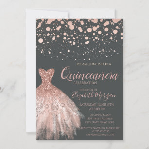 Moderne Rose Gold Dots, Dress Gray Quinceañera Einladung