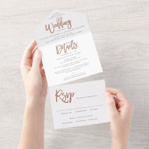Moderne Rose Gold-Drehbuch Hochzeit alles in einer All In One Einladung