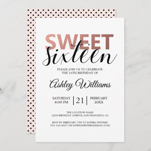 Moderne Rose Gold Elegant Sweet 16 Einladung (Vorne/Hinten)