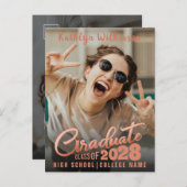 Moderne Rose Gold Elegantes Script 2 Foto Abschlus Ankündigungspostkarte (Vorne/Hinten)