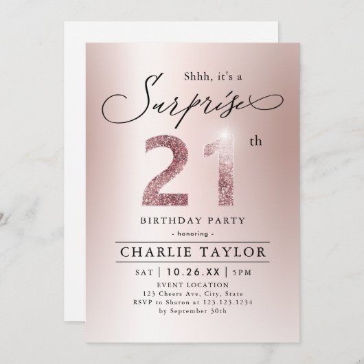 Moderne Rose Gold Erwachsene Überraschung 21. Gebu Einladung (Vorne/Hinten)
