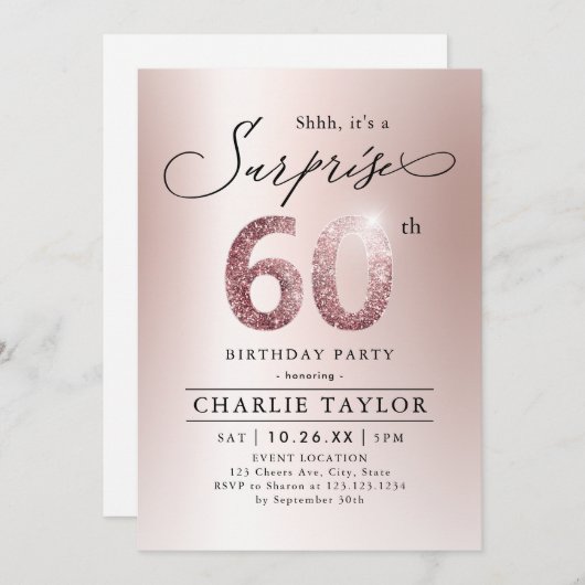 Moderne Rose Gold Erwachsene Überraschung 60. Gebu Einladung (Vorne/Hinten)