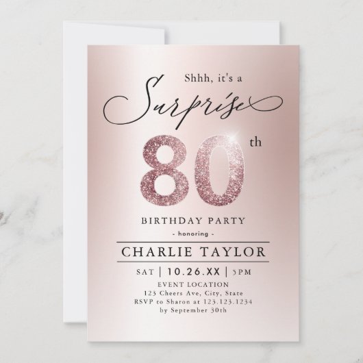Moderne Rose Gold Erwachsene Überraschung 80. Gebu Einladung (Vorderseite)