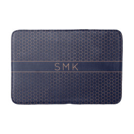 Moderne Rose Gold Foil Navy Blue Hexagon Monogram Badematte