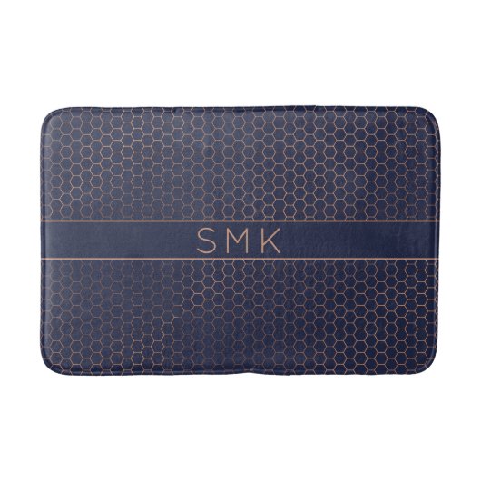 Moderne Rose Gold Foil Navy Blue Hexagon Monogram Badematte (Vorderseite)