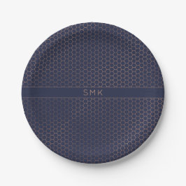 Moderne Rose Gold Foil Navy Blue Hexagon Monogram Pappteller