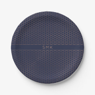 Moderne Rose Gold Foil Navy Blue Hexagon Monogram Pappteller
