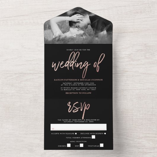 Moderne Rose Gold Foil Script Hochzeit All In One Einladung (Innen)