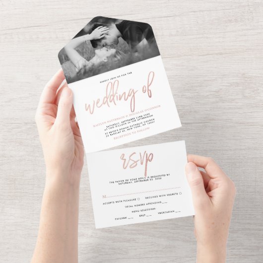 Moderne Rose Gold Foil Script Hochzeit All In One Einladung (Abreißtisch)