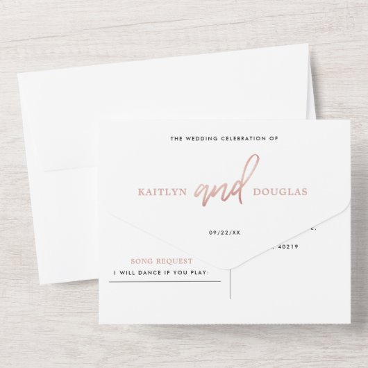 Moderne Rose Gold Foil Script Hochzeit All In One Einladung (Rückseite)