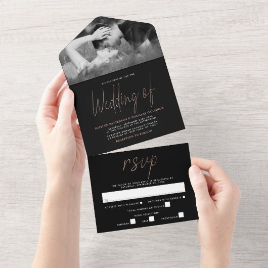Moderne Rose Gold Foil Script Hochzeit All In One Einladung (Abreißtisch)