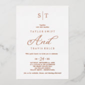 Moderne Rose Gold Foil Script Monogram Wedding Folieneinladung (Vorderseite)