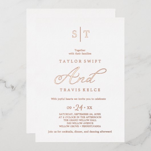 Moderne Rose Gold Foil Script Monogram Wedding Folieneinladung (Vorderseite/Rückseite)