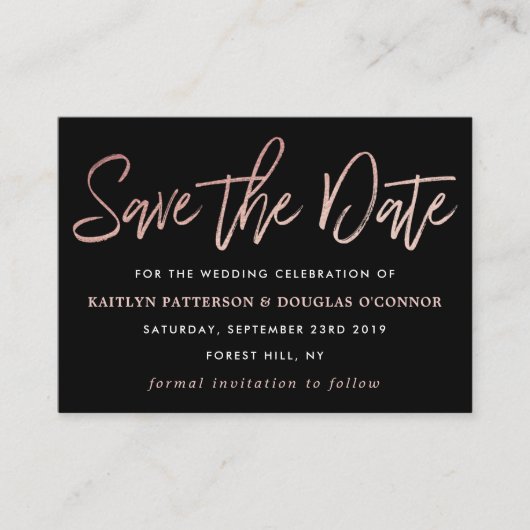 Moderne Rose Gold Foil Script Save the Date Begleitkarte (Vorderseite)