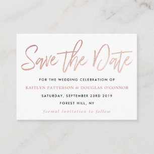 Moderne Rose Gold Foil Script Save the Date Begleitkarte