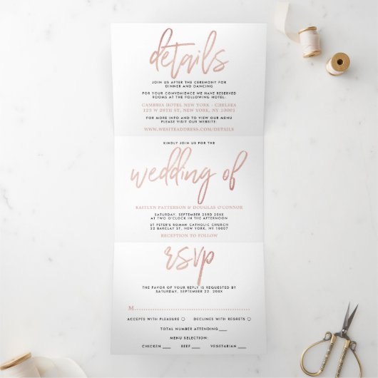 Moderne Rose Gold Foil Script Wedding Suite Dreifach Gefaltete Einladung (Innenseite)