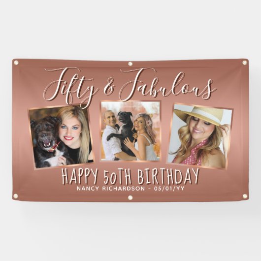 Moderne Rose Gold FotoCollage 50. Geburtstag Banner (Horizontal)