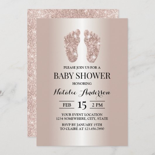 Moderne Rose Gold Glitzer Baby Feet Babydusche Einladung (Vorne/Hinten)