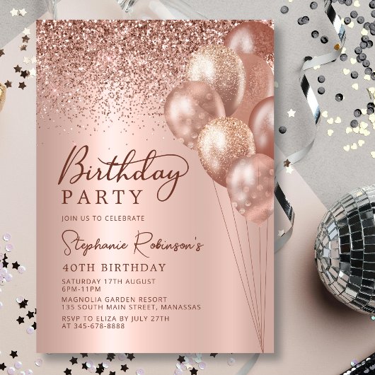 Moderne Rose Gold Glitzer Ballon 40. Geburtstag Einladung
