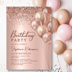 Moderne Rose Gold Glitzer Ballon 55. Geburtstag Einladung