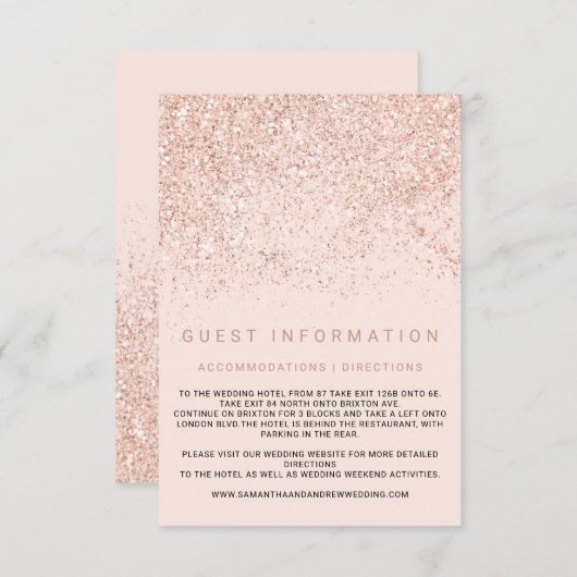 Moderne Rose Gold Glitzer Beilage Details Hochzeit Begleitkarte (Vorne/Hinten)