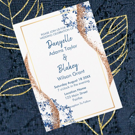 Moderne Rose Gold Glitzer Blue Lace Mandala Weddin Einladung
