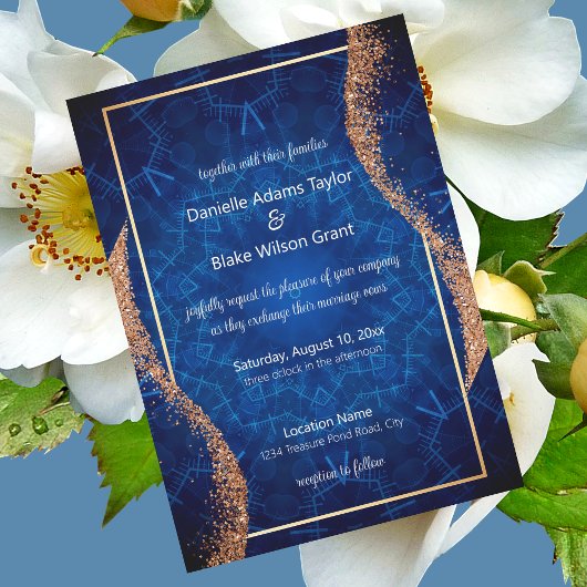 Moderne Rose Gold Glitzer, Blue Mandala Wedding Einladung